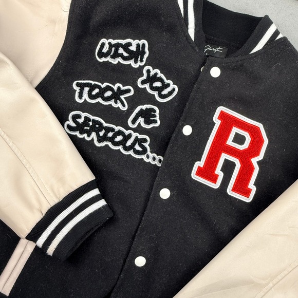 Ricco Gioventu Black "No Joke" Leather Wool Varsity Jacket - Picture 3 of 12